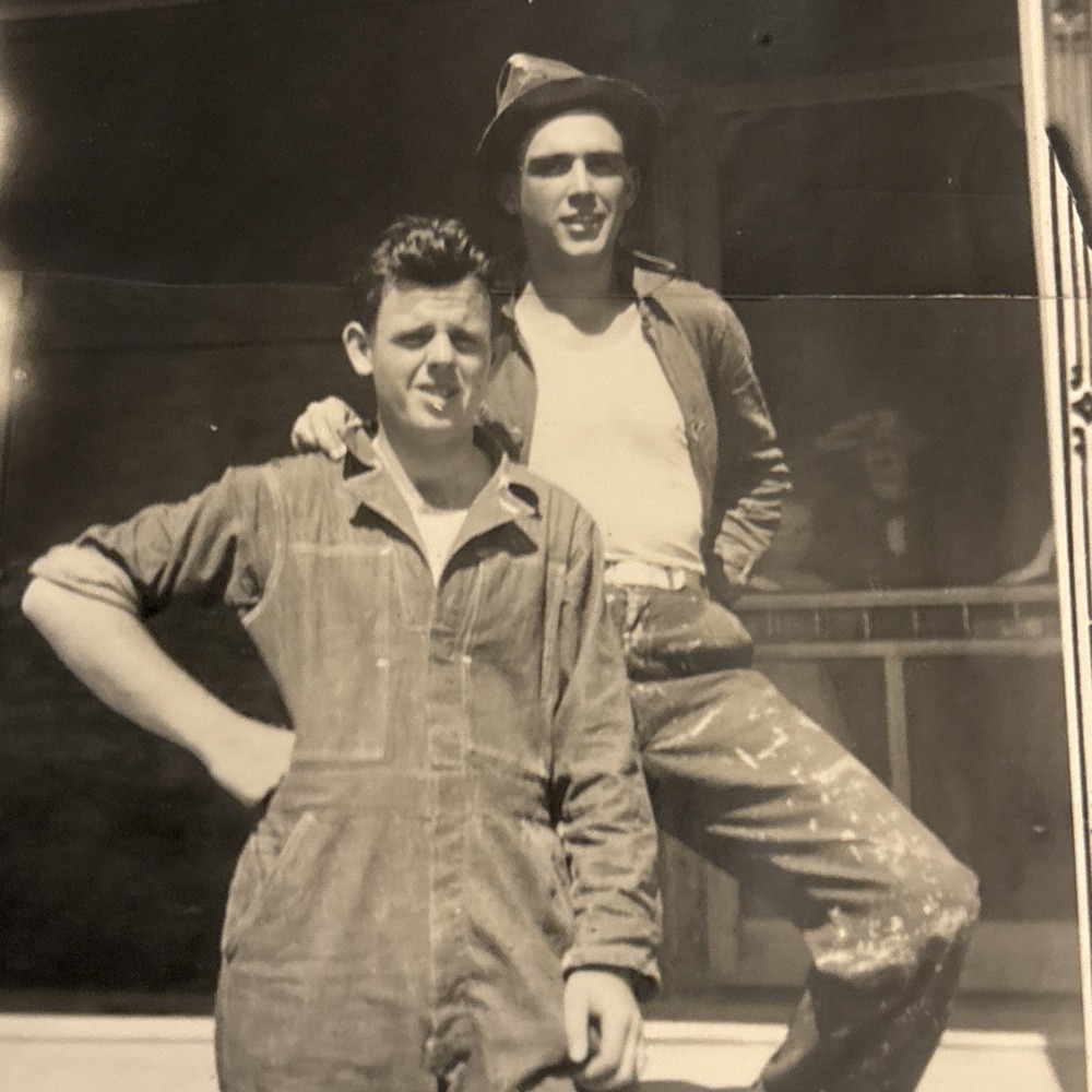 Vintage Snapshot Photo Men Farm Depression Era Photograph Boots Overalls Shadow - Picture 2 of 5